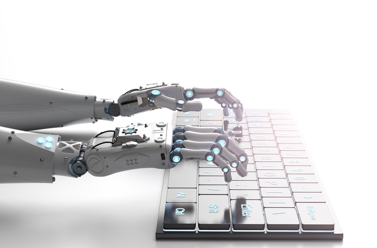 AI robot hands creating original content on a keyboard
